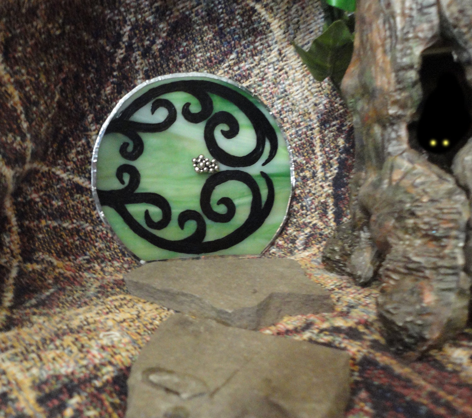SALE, Fairy Door, Hobbit Door, Garden Sculpture, Green Stained Glass, Hand Painted