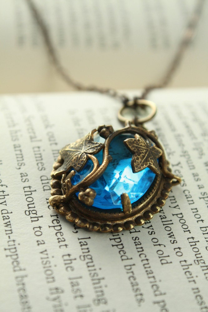 Vintage Tooled Brass "Reflection Pool" Arts and Crafts Czech Glass Necklace