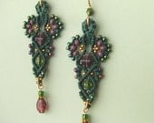 Macrame Earrings - Beaded Earrings - Micro Macrame -green and purple - Lace style