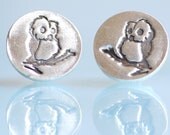 MINI OWL studs, earrings with Chocolate and Steel logo, eco-friendly silver. Handcrafted by Chocolate and Steel