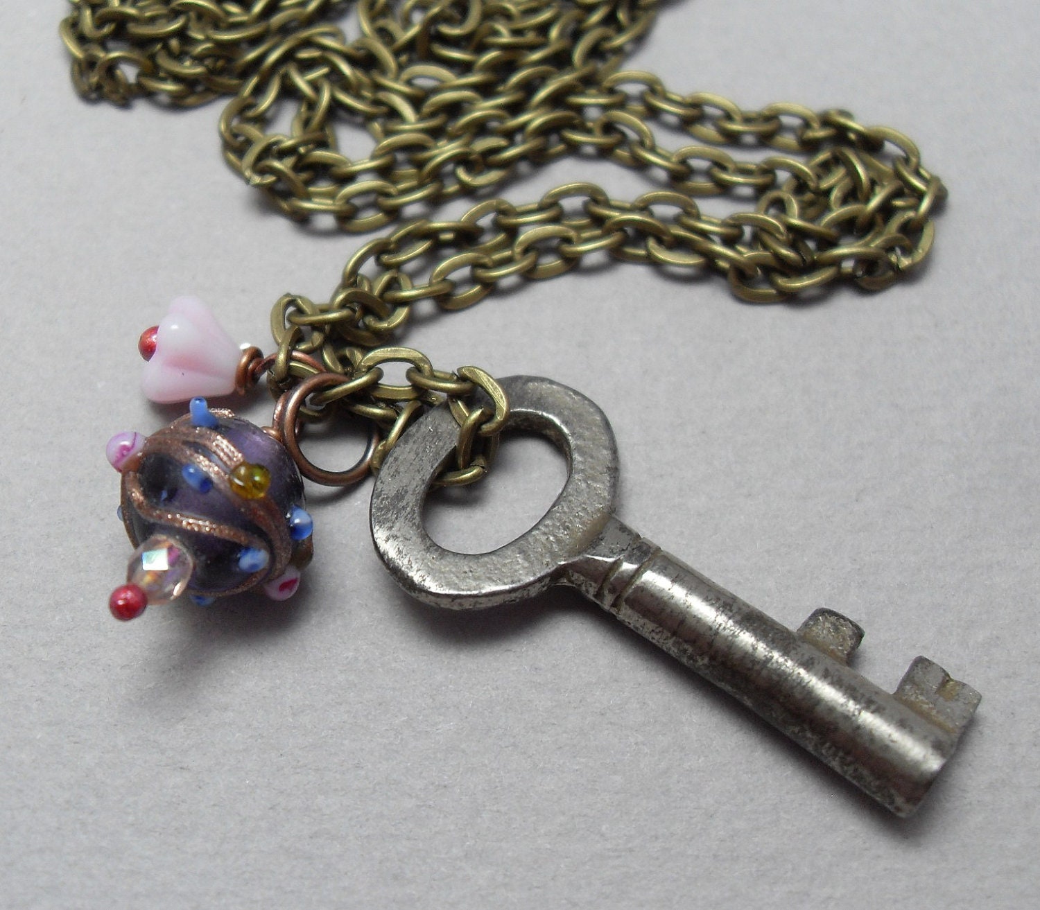 Antique Skeleton Key Flower Necklace Purple Pink