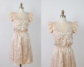 Floral Burn Out Dress Nude Sheer Bridal Silk Flutter Sleeve - M