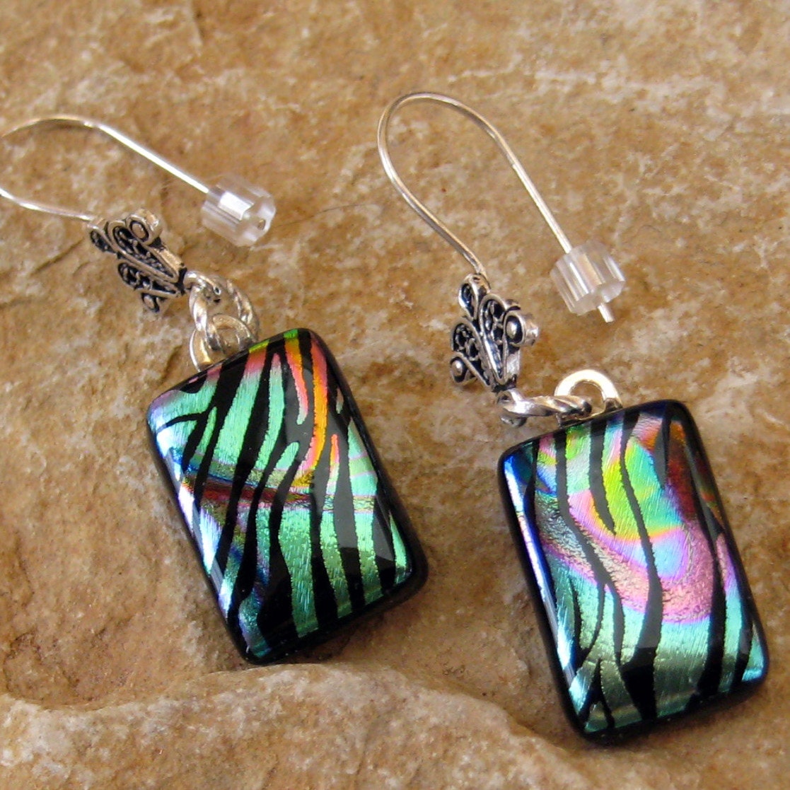 Dichroic Fused Glass Dangle Earrings,  Dichroic  Earrings - Animal Print