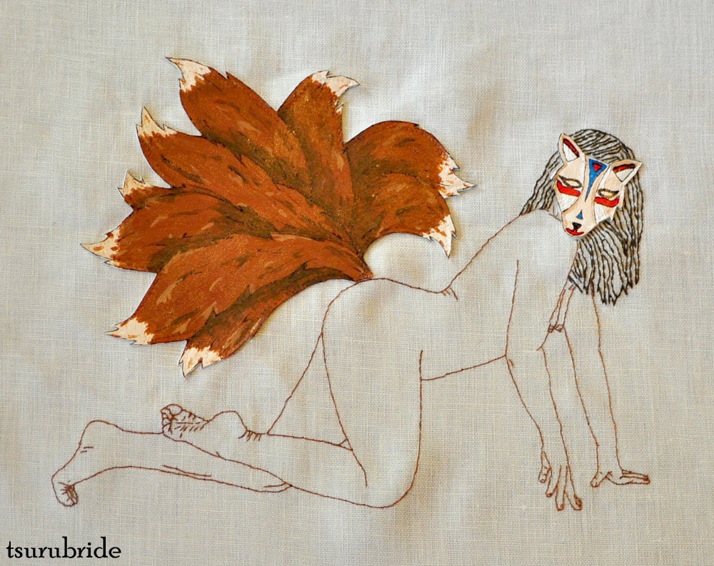 Kitsune Embroidered Wall Hanging