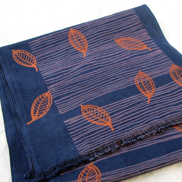 Table runner cloth, screenprinted and hand dyed, copper, indigo - organic cotton / hemp