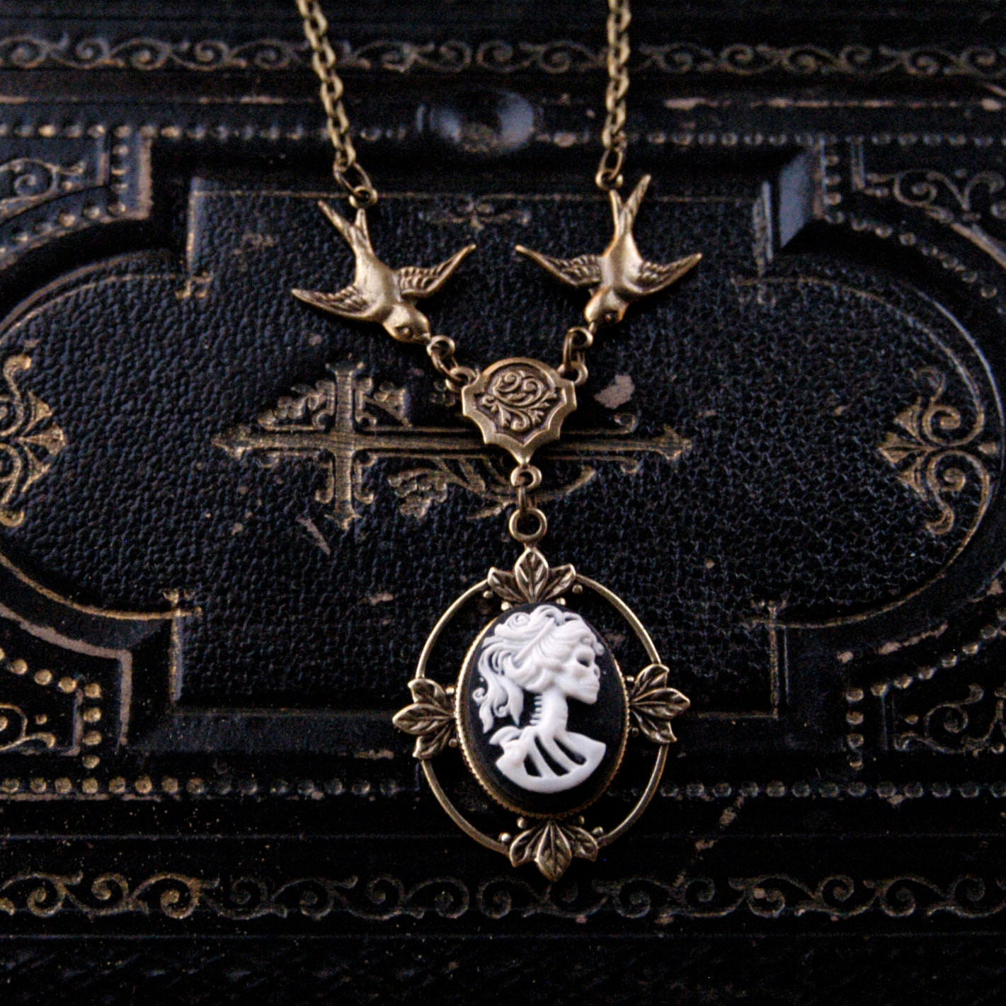 Skeleton Lady Cameo Necklace- Brass and Black