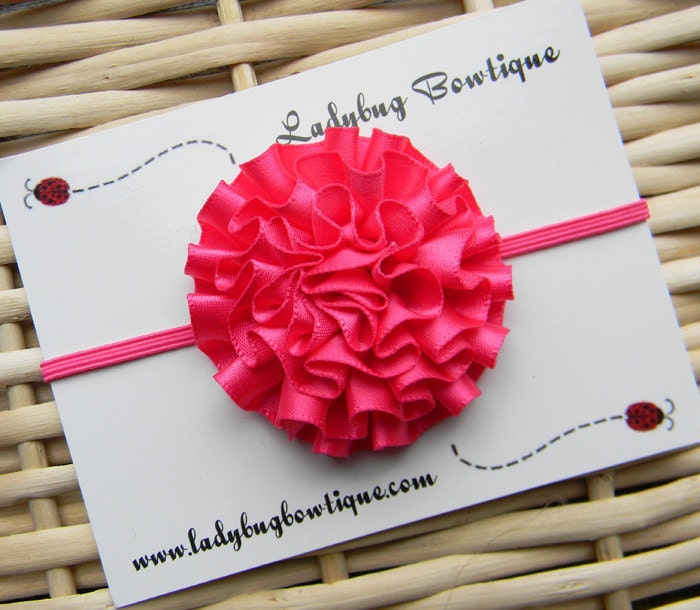 Petite Ruffled Satin Flower on a Skinny Elastic Headband or Hair Clip for Any Age - Custom Size - Shocking Pink