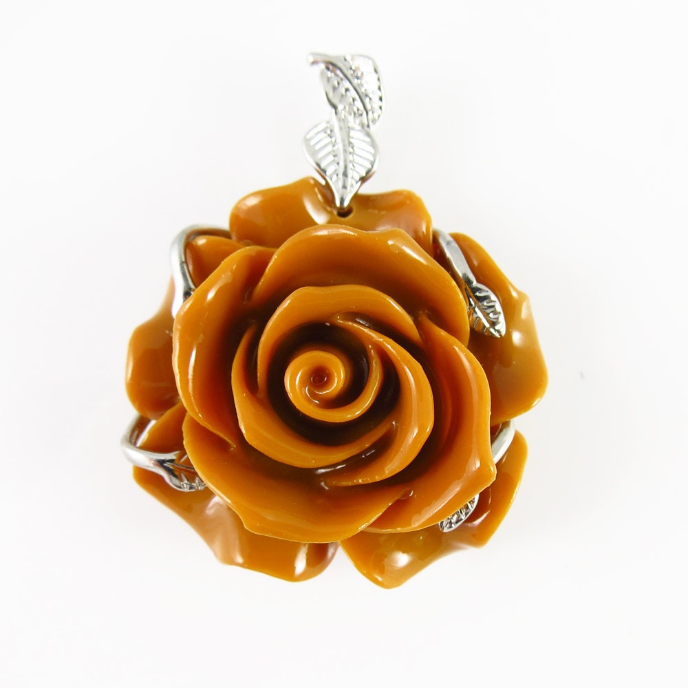 35mm x 47mm Synthetic Coral Rose Pendants - Brown - 1 Piece -