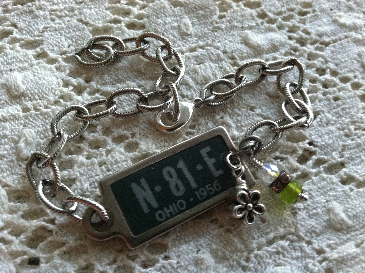 Ohio Road Trip Bracelet - Vintage Mini License Plate Tag with Flower and Green Bead Charms - 1956