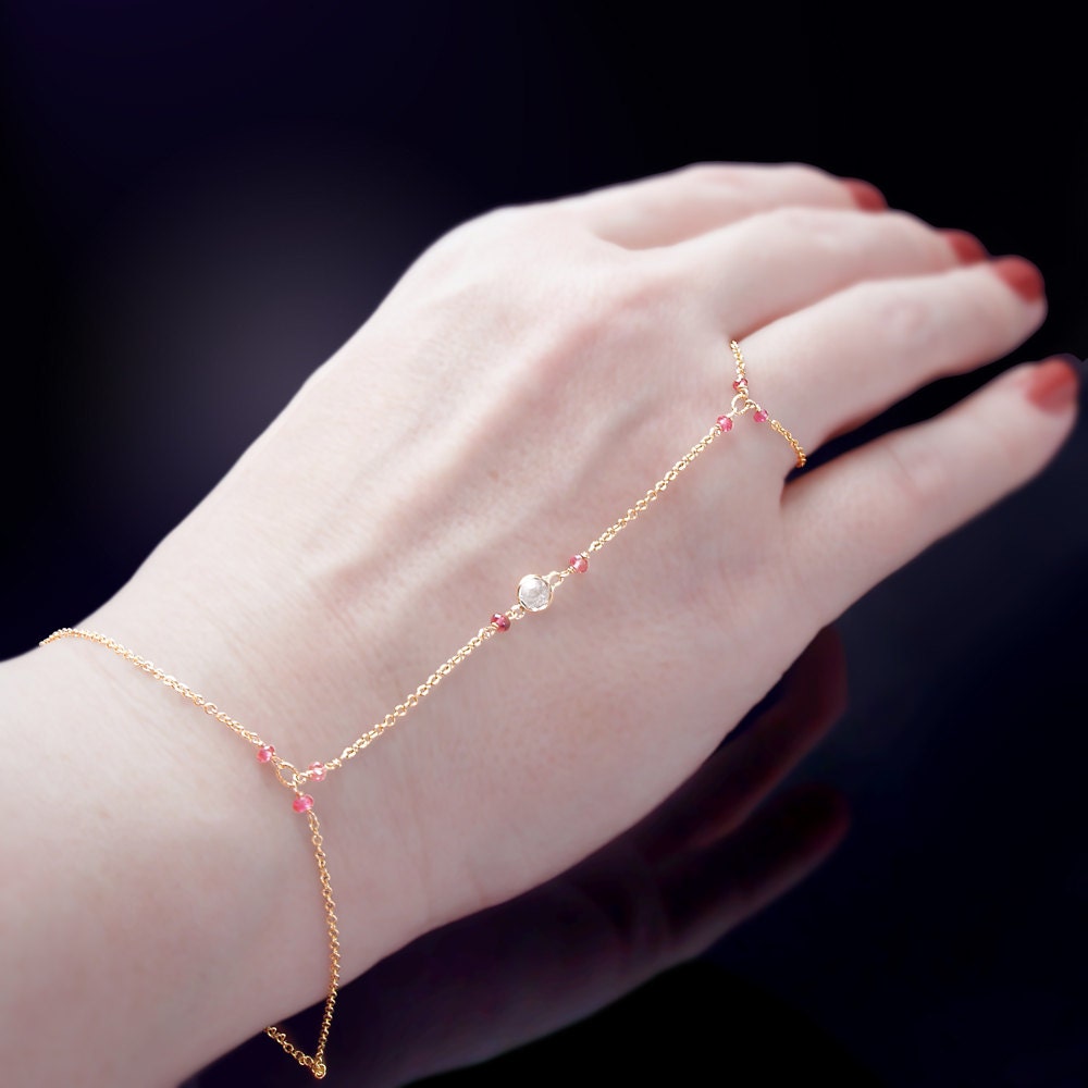 14k Solid Gold Slave Bracelet with a White Topaz Bezel Centerpiece