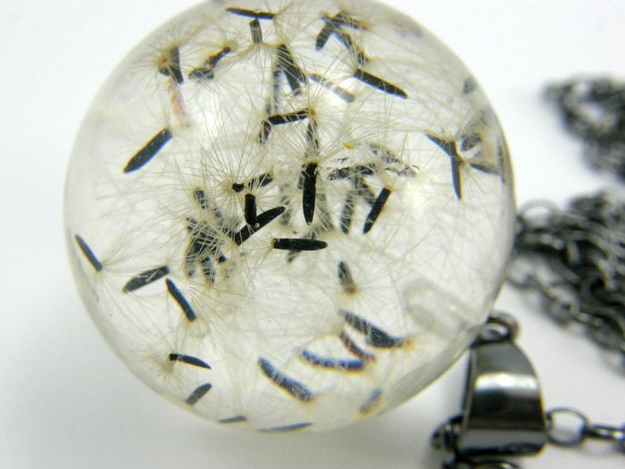 Black Dandelion Seeds Resin and Silver Necklace, Small Dandelion Seeds pendant with a Long Chain
