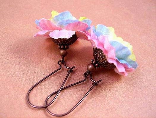 Fabric Flower Earrings, Rainbow Blossoms, Colorful and Copper Dangle Earrings, FREE Shipping U.S.