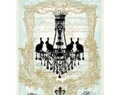 Bunny Rabbit  Chandelier Art Print  Silhouette on Vintage Style Background, Aqua Blue Turquoise 8 x 10 inch. by The Decorated House