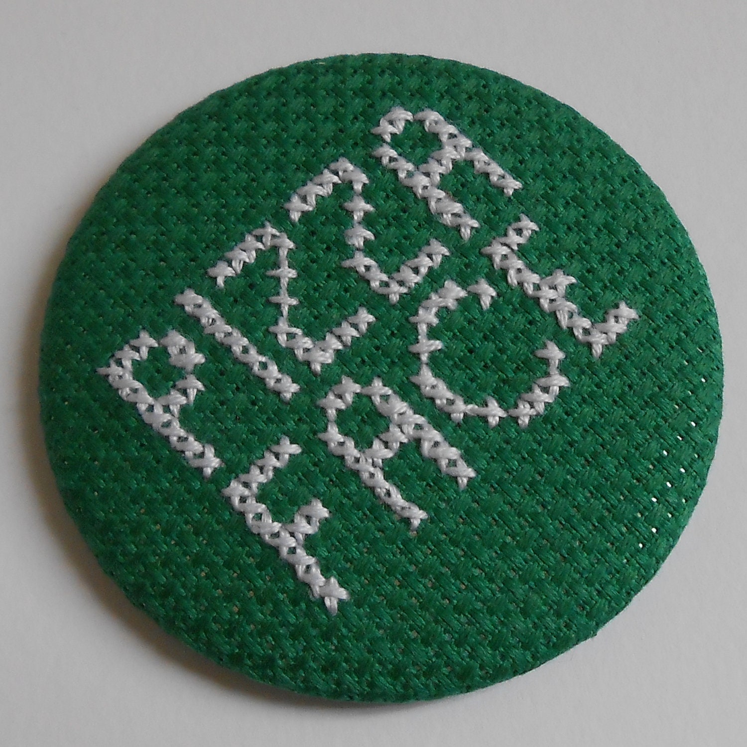 SALE Awkward Adolescent Teen Pizza Face Cross Stitch Pocket Mirror in White on Forest Green