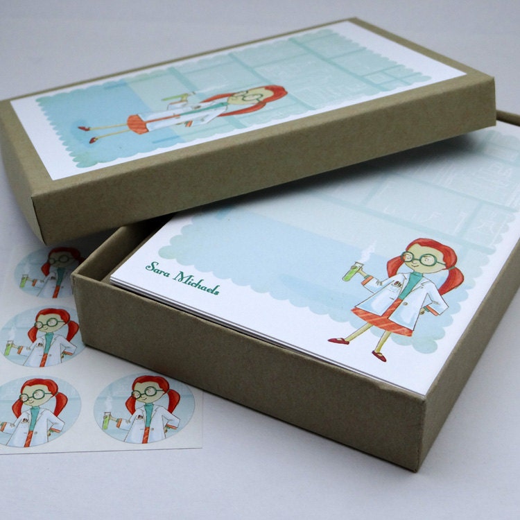 personalized stationery set- Science Girl Personalized Stationery Set - gift set flat card notecard science chemistry