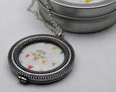 Owl Party Shadowbox Necklace w/gift tin - owl bird pendant silver gift handmade