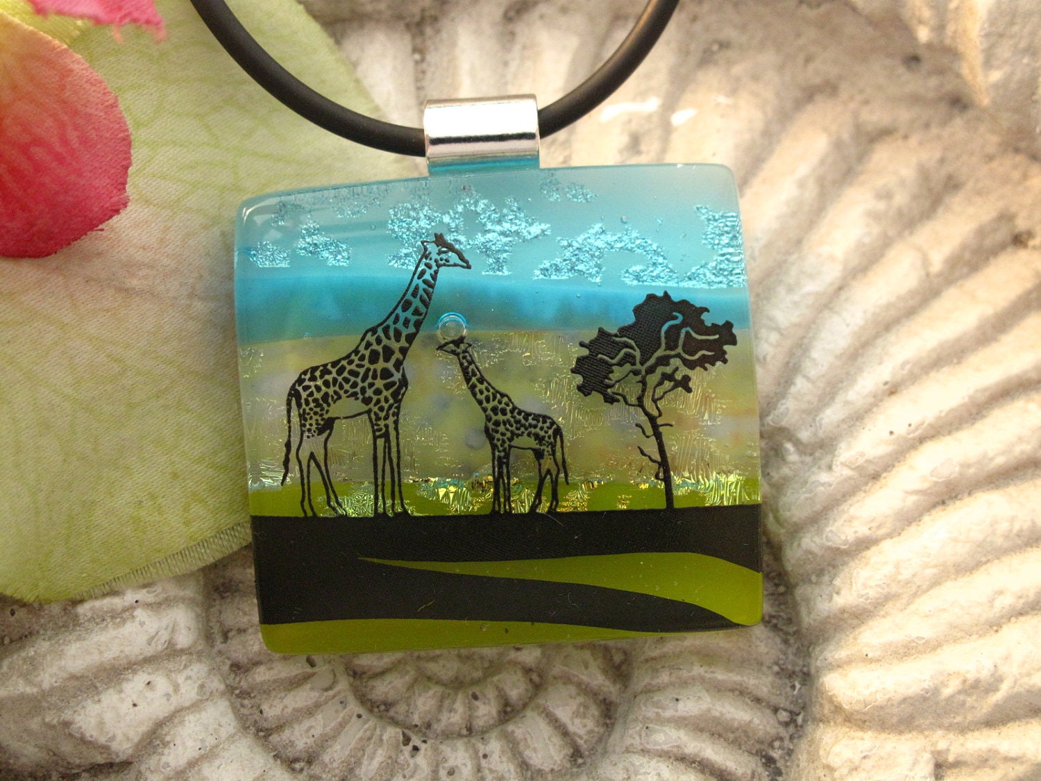Giraffe Necklace - Giraffe Jewelry - Dichroic Glass Pendant - Fused Glass Pendant - Dichroic Fused Glass Jewelry - Mother & Baby 121512p108