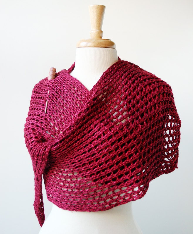 SAMPLE SALE Women Fashion Accessories - Knit Wrap - Linen Blend Knit Shawl Scarf - Raspberry Red