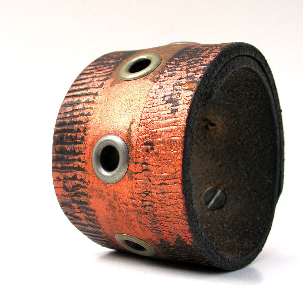 Rustic Copper Leather Cuff Bracelet Wristband Adjustable Size, Eco Friendly, OOAK