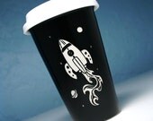 Rocket Ship Travel Mug - insulated black ceramic to-go cup - soft BPA-free lid