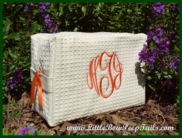 Fall Autumn Monogrammed Cosmetic Bag - Personalized Waffle Weave bridesmaids womens makeup make up case burnt orange plums ivory cream