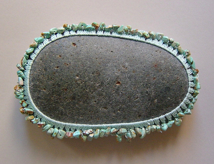 Art Object, Mixed Media, Crochet Lace Stone,Table Decorations, Home Decor, Original, Handmade, Turquoise, Mint, Gray Stone