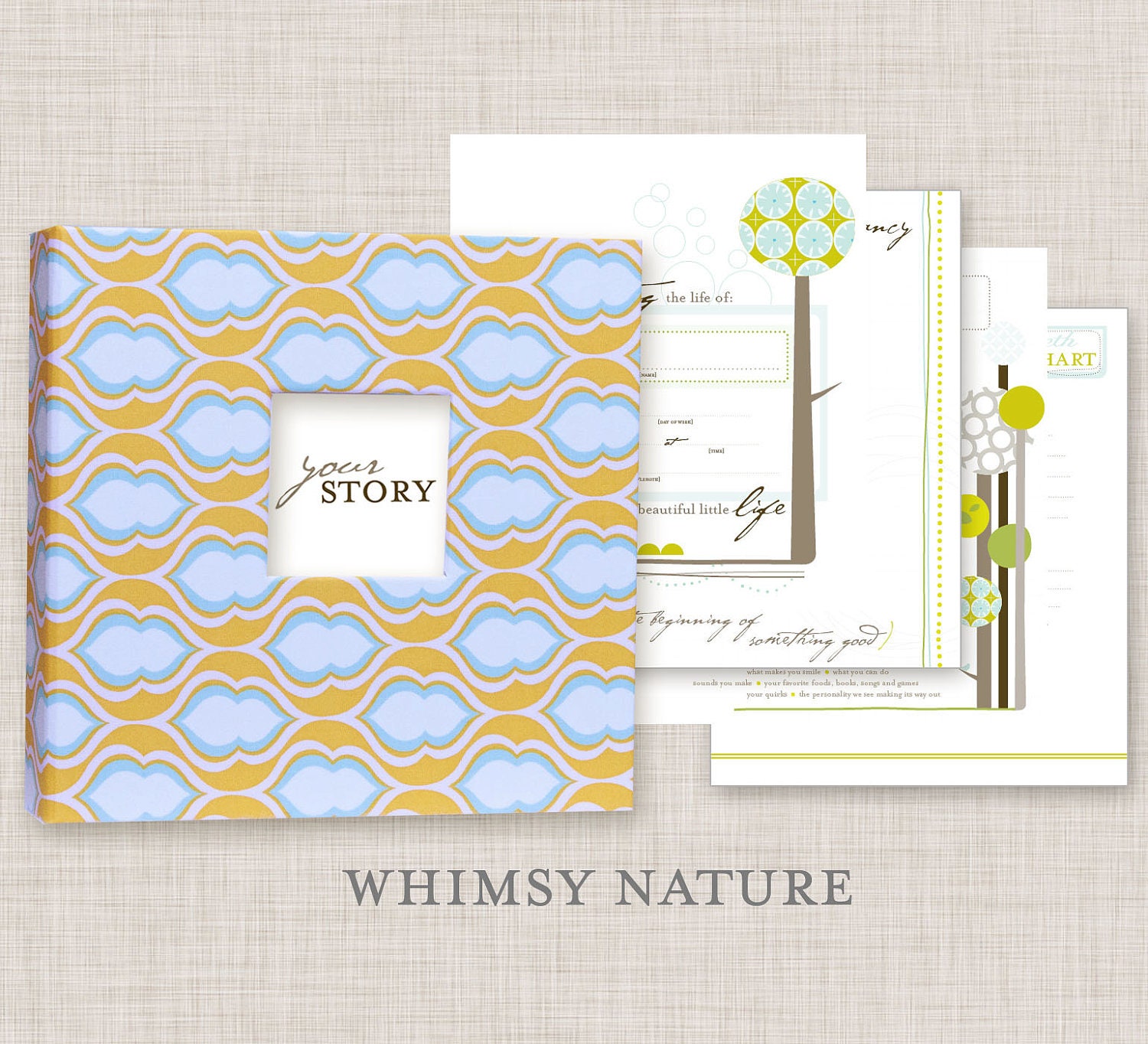 NEUTRAL Modern Baby Memory Book (Whimsy Nature Design, Tangerine Cover 9.25 x 9.5)