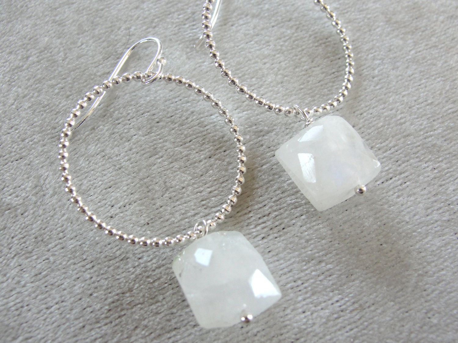 Sterling Silver Dotted Hoop Moonstone Earrings