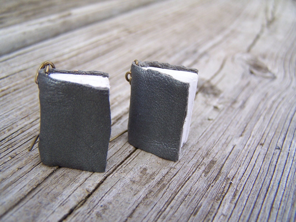 Miniature Book Earrings Leather Bound only 1 inch tall - free ship