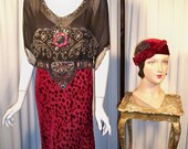 Art Deco 1920s Dress Beaded Chiffon And Velvet With Embroidered Applique