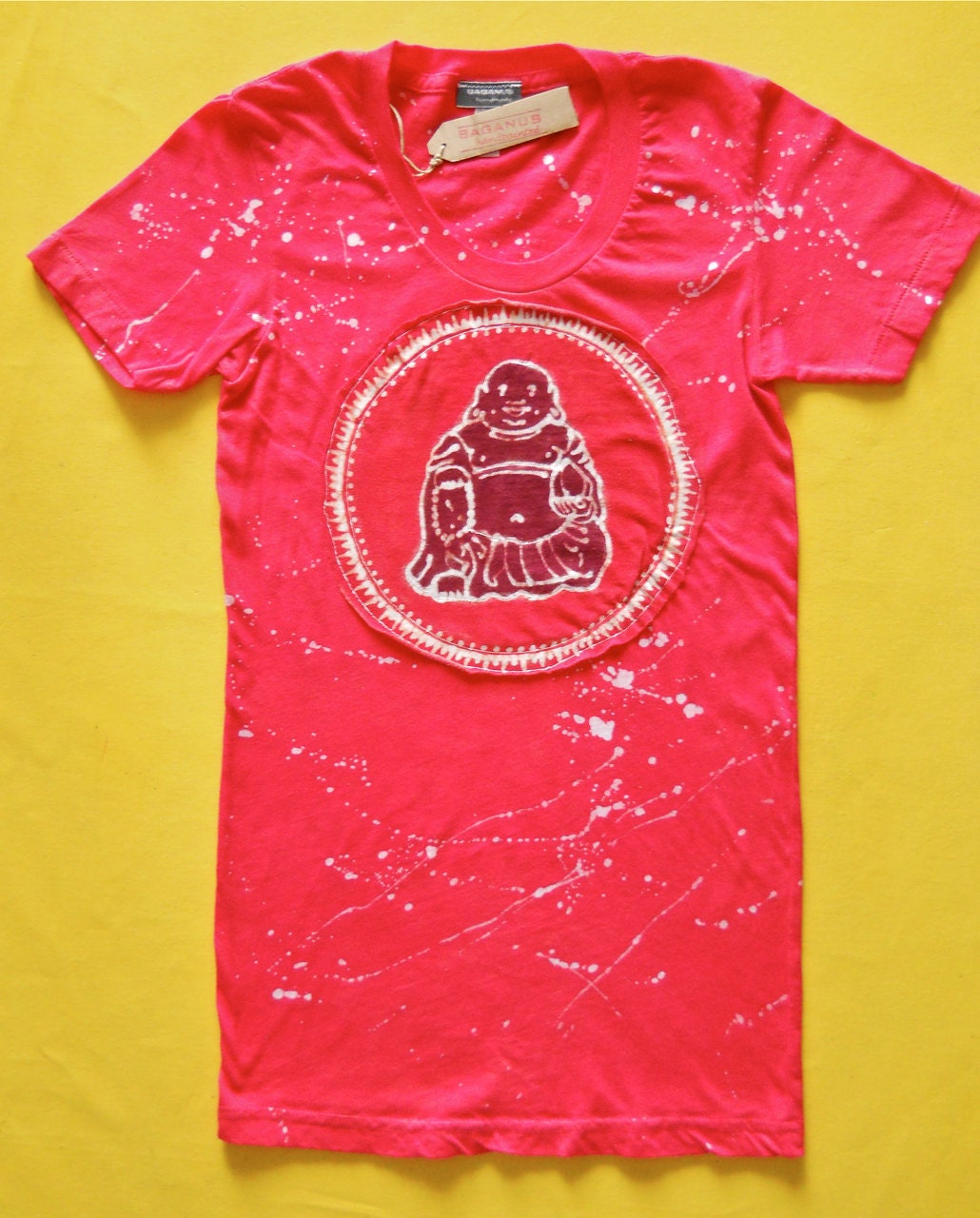 Women laughing buddha batik aplique w/splatter t-shirt -yoga clothes - yoga clothing - red size XS, S, M, L, XL