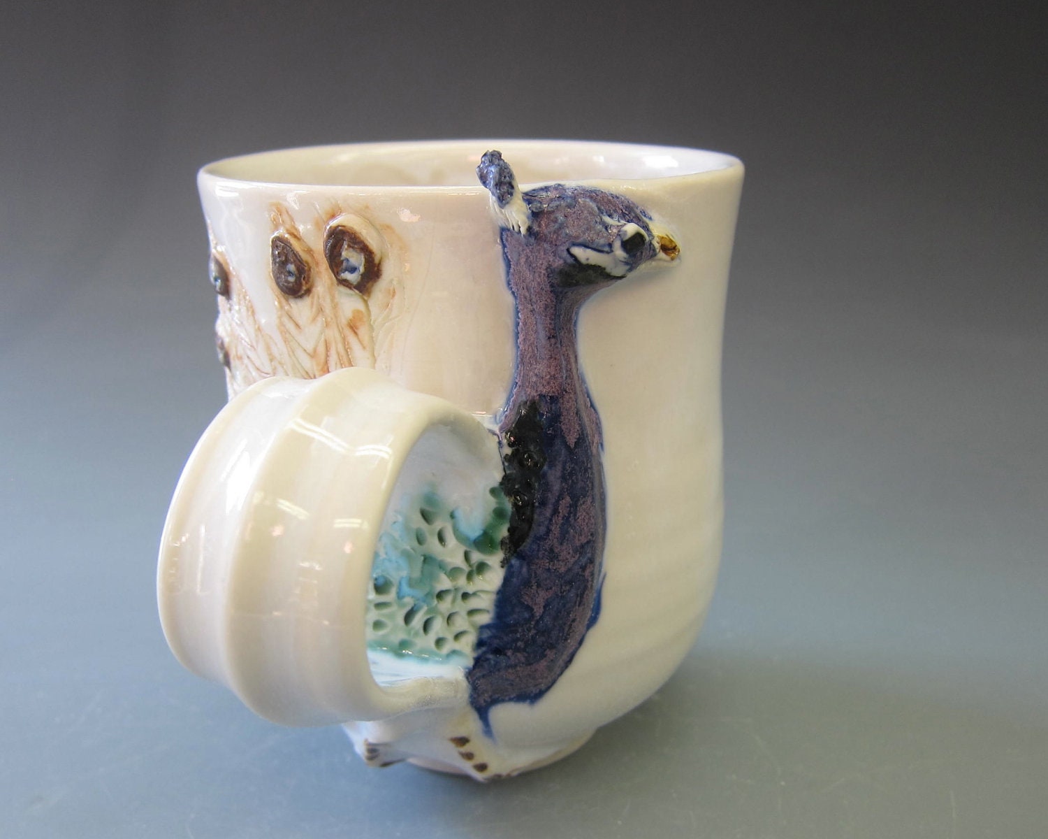 Peacock Pulchritude on White Porcelain Mug Wheelthrown