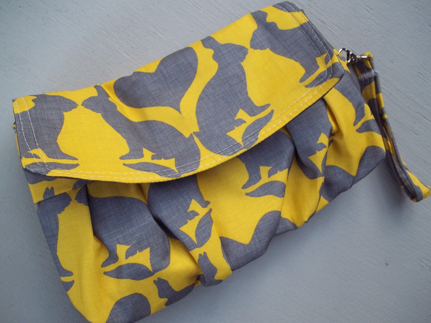 Yellow Clutch - Whimsical Rabbits - Removeable Handle - Zipper Pocket