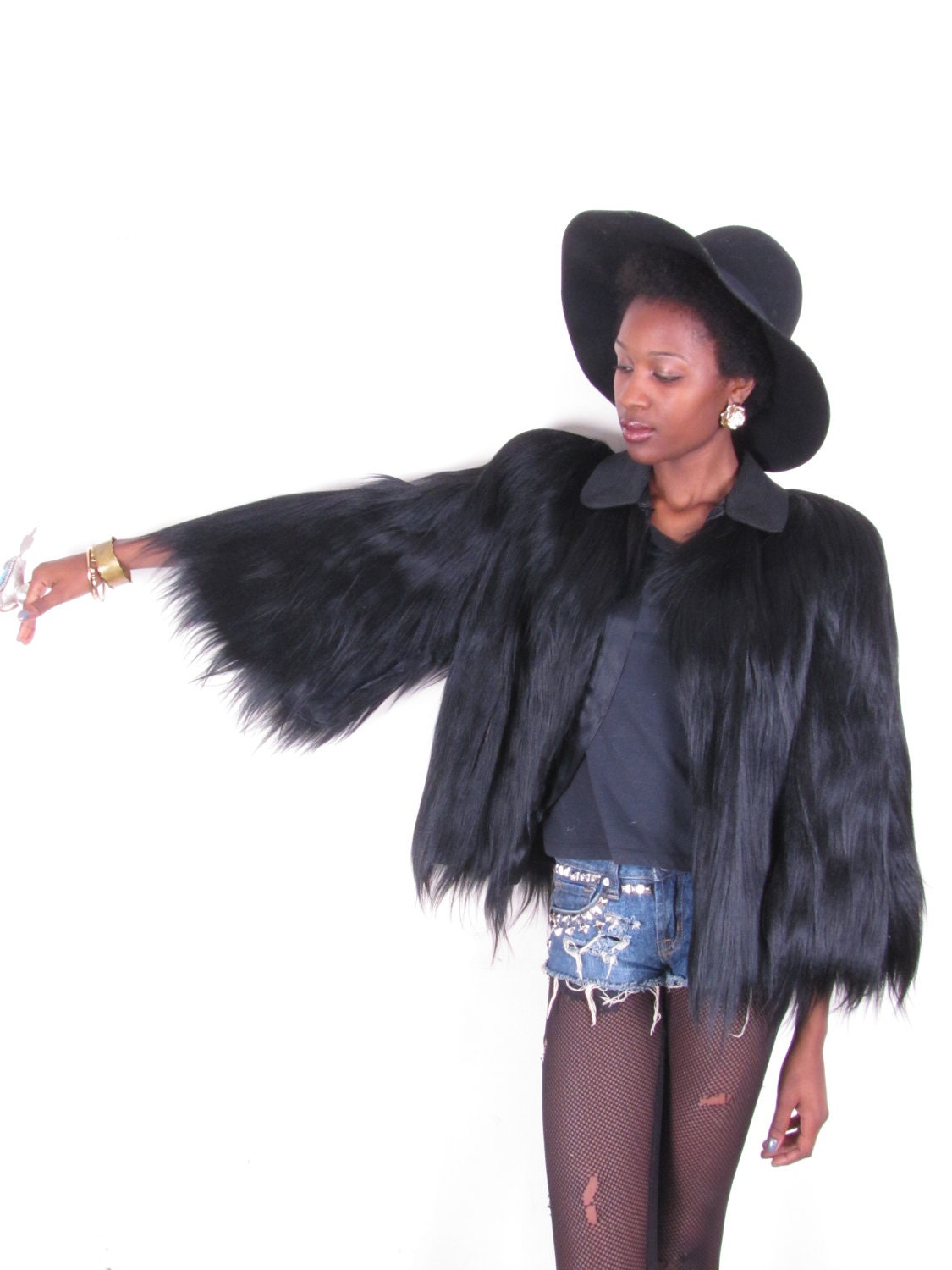 Vintage 20s Art Deco Long Hair Monkey Fur Jacket Cape Coat