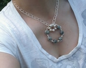 Pearl Necklace, Silver Circle Necklace with Freshwater Pearls and Kiwi Jasper - Mint Green Necklace, FRESH O Silver Necklace
