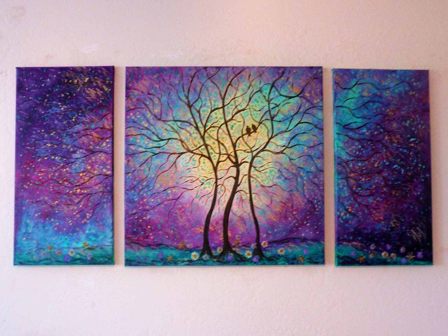 Large Commission Original oil  Painting - Purple, teal,aqua,gold 3 trees-and love birds-by Vadal-48'