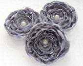 Handmade wedding fabric flower appliques - 3 gray and pink sew on flowers, home decor, holiday decor, table decor, satin and lace flowers