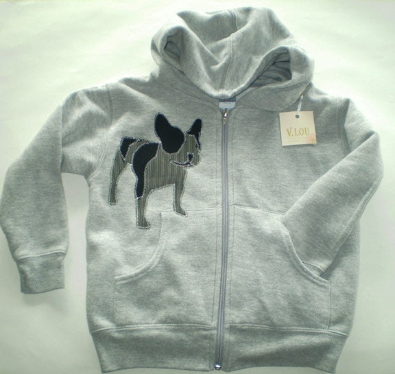 kids applique hoodie youth zip front sweatshirt french bulldog size 5/6