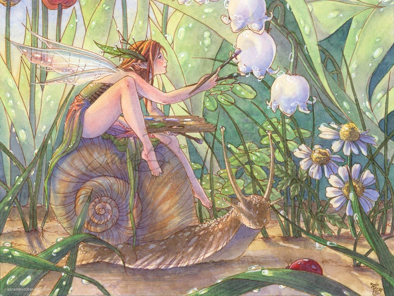 Artist Fairy Art Print Garden Fairy Painting Flowers on Snail