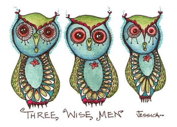 Three Wise Men - Cute Christmas Owls - matted and ready to frame Owl Art Print