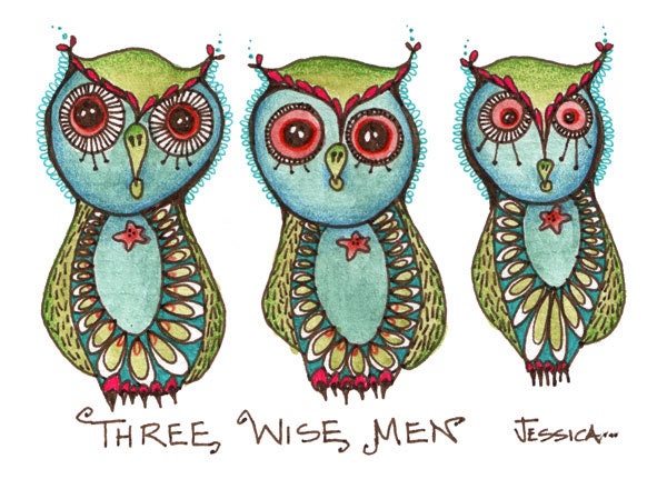Three Wise Men - Cute Christmas Owls - matted and ready to frame Owl Art Print