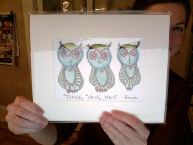 Three Wise Men - Cute Christmas Owls - matted and ready to frame Owl Art Print
