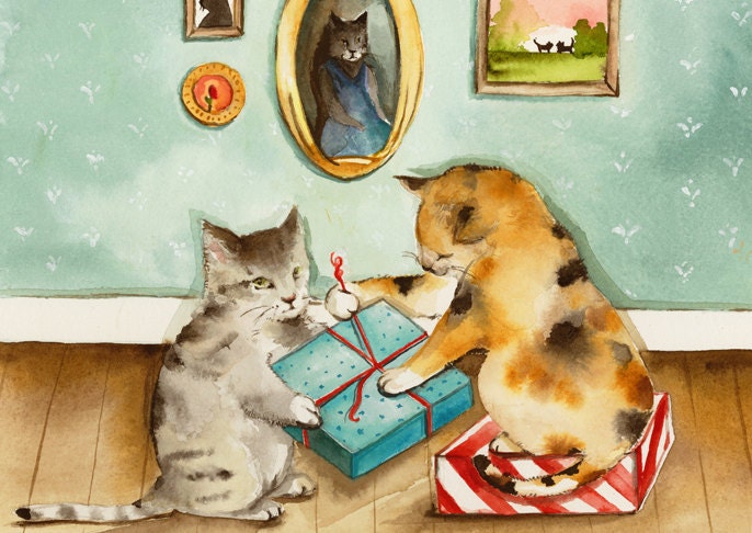 Christmas cards,holiday cards- cat cards, winter cards - "Two Pairs of Paws", all occasion, card set