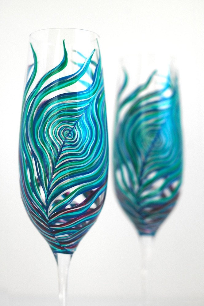 Peacock Wedding Toast and Cake Serving 6-Piece Customized Collection--Peacock Toasting Flutes, Ring Dish, Cake Plate, Cake Serving Set