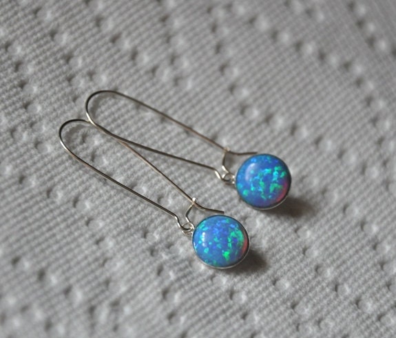 Australian Blue Opal Sterling Silver Earrings, Dangling earrings, Opal Earrings.