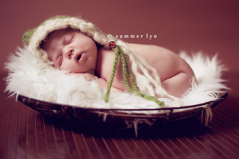 Christmas Baby Hat Photo Prop for Newborn Girl or Boy in Christmas Green - Handknit Pixie Bonnet original design by TrickyKnits Tricky Knit