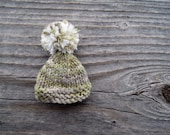 Tree Ornament - Tiny Hand Knit Hat with Oversized Pompom Puff - Leaf Green and Cream White