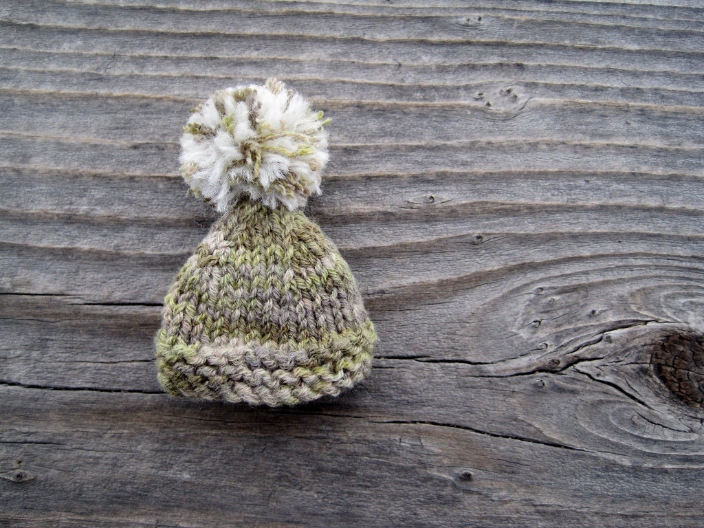 Tree Ornament - Tiny Hand Knit Hat with Oversized Pompom Puff - Leaf Green and Cream White