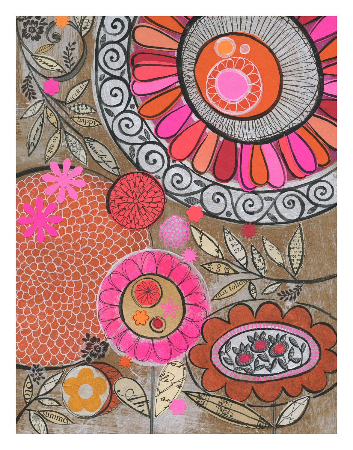 bold floral  - 8X10 GICLEE PRINT, bright, botanical collage, Susan Black