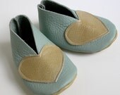 Blue Leather Baby Booties with Cream Hearts